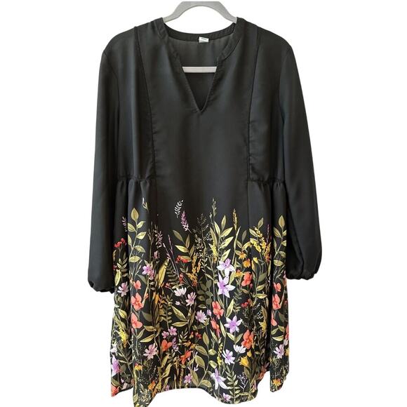 Old Navy Black Floral Lightweight Long Sleeve V Neck Dress size Small - Picture 2 of 6